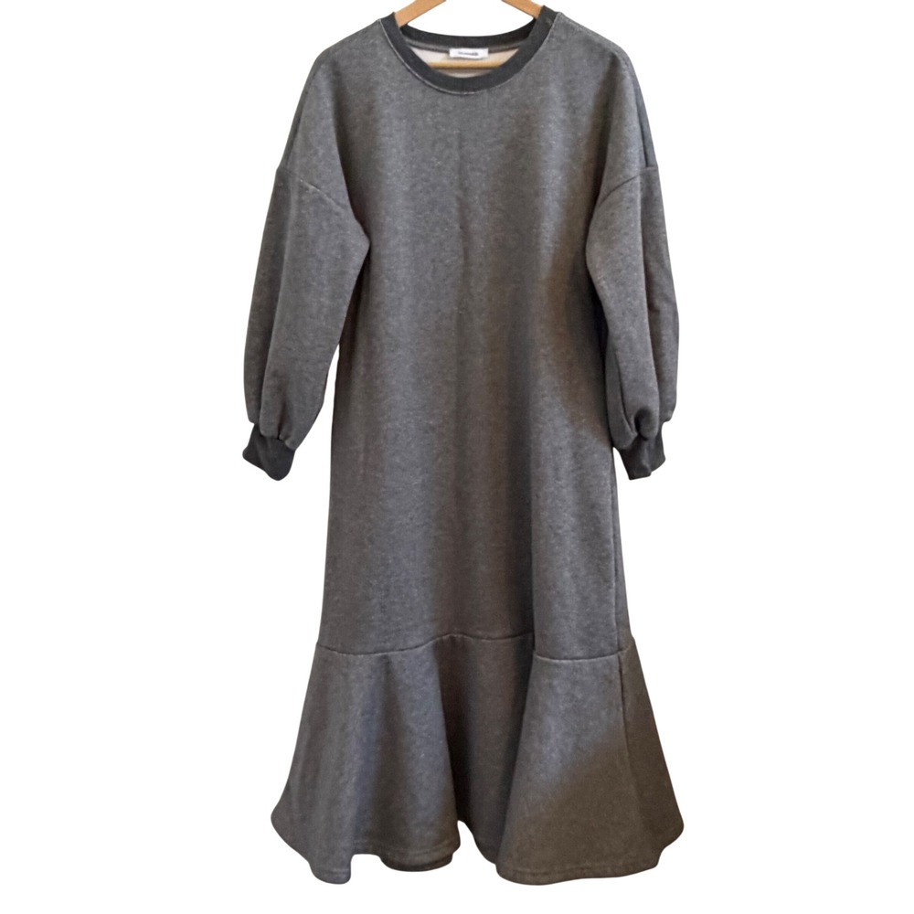 En;semble Gray Sweatshirt Dress Midi Ruffle Hem Puff Sleeve Pockets Small D3526